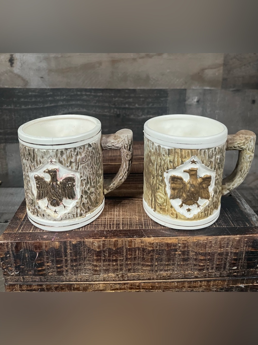 Set of 2 - 1962 Holt Howard Gold Eagle Faux Wood Grain Carved Mugs